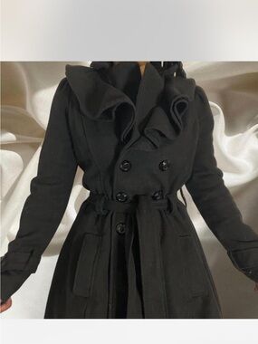 Arden B Black Ruffle-Collar Double-Breasted peacoat